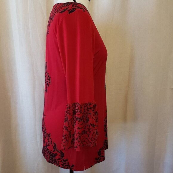JM Collection Red Hot & Black Beaded Blouse Sheer Bell Sleeves, Size XL - Picture 3 of 9